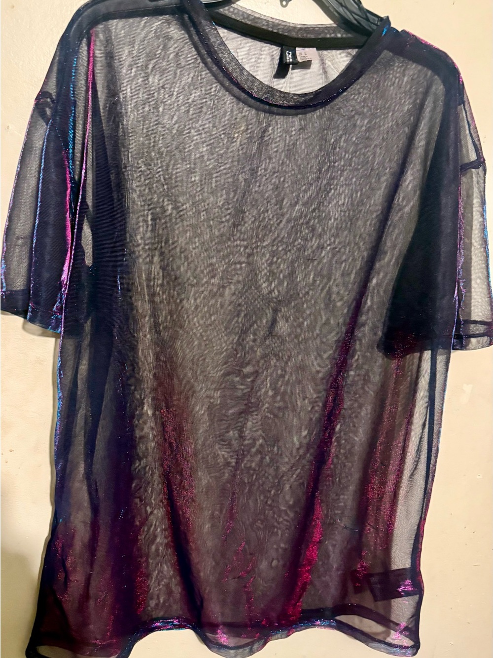 H&M Black Sheer Short Sleeve Top with Iridescent Pink & Blue Trim ( Unisex)